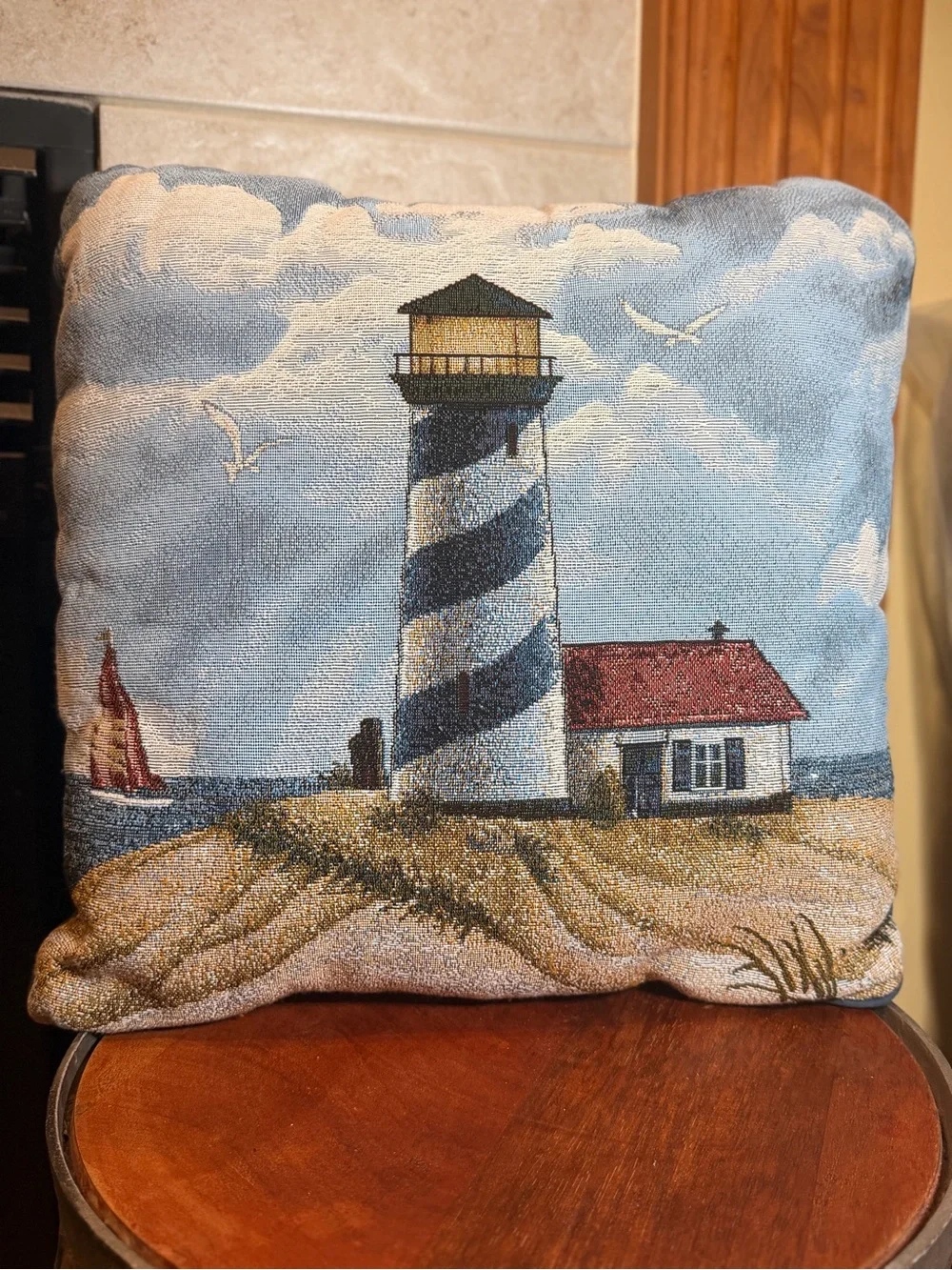 Lighthouse Nautical Tapestry Decor/Throw Pillow Seagulls Beach House 16x16